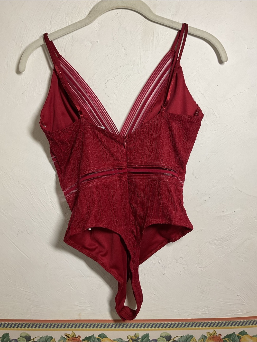 Lulus Casita Wine Red Lace Sheer Striped Plunging Sleeveless Bodysuit Size M - Picture 5 of 11